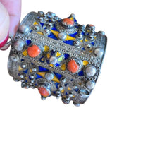 Load image into Gallery viewer, 1930s Algerian Kabyle Silver Cuff Bracelet: Enamel &amp; Red Coral Tribal Jewelry

