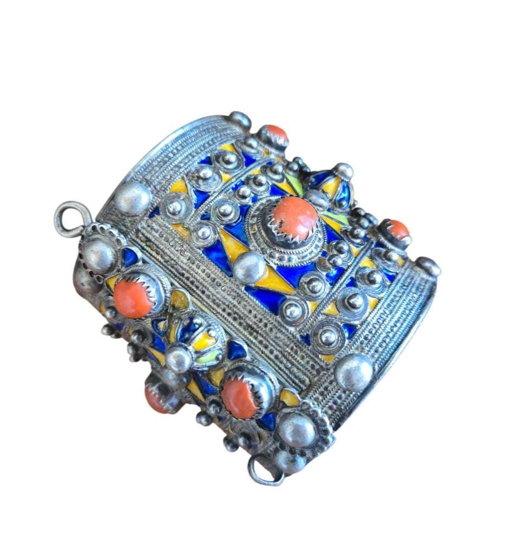 1930s Algerian Kabyle Silver Cuff Bracelet: Enamel & Red Coral Tribal Jewelry