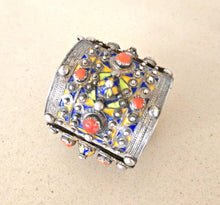 Load image into Gallery viewer, 1930s Algerian Kabyle Silver Cuff Bracelet: Enamel &amp; Red Coral Tribal Jewelry

