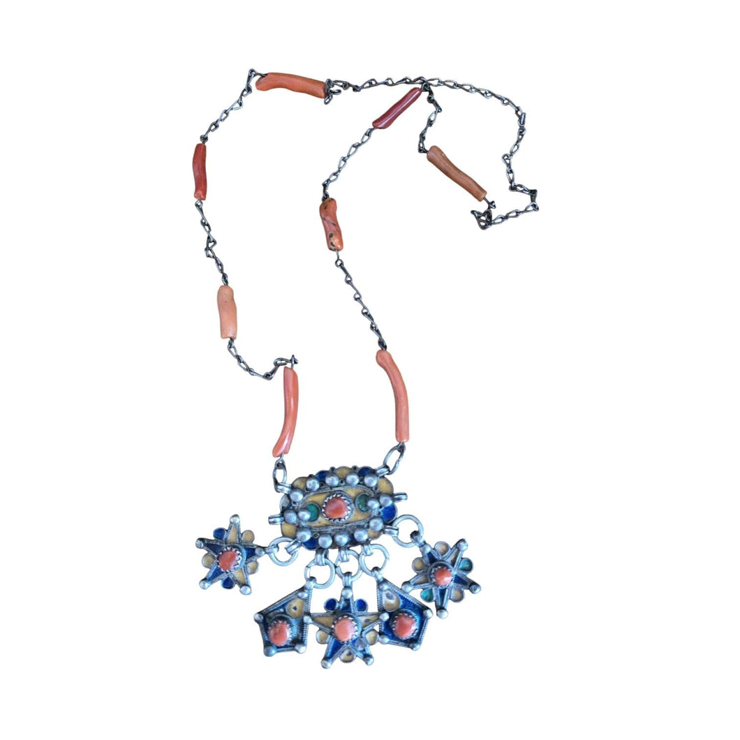 Antique Kabyle Coral Bead Necklace: Algerian Silver Pendants, Ethnic Jewelry