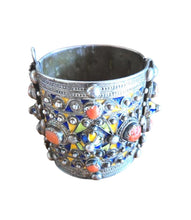 Load image into Gallery viewer, 1930s Algerian Kabyle Silver Cuff Bracelet: Enamel &amp; Red Coral Tribal Jewelry
