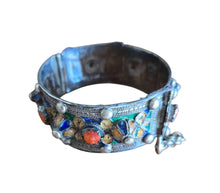 Load image into Gallery viewer, 1930s Kabyle Silver Cuff Bracelet: Enamel &amp; Red Coral Tribal Jewelry
