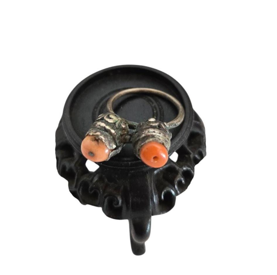 Antique Bawsani Yemen Silver Red Coral Ring - Size 7