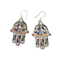 Load image into Gallery viewer, Moroccan Hamsa Enamel Earrings: Sterling Silver 925, Berber Tribal Jewelry
