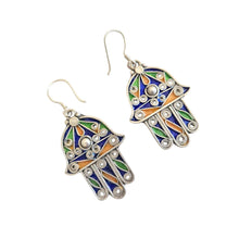 Load image into Gallery viewer, Moroccan Hamsa Enamel Earrings: Sterling Silver 925, Berber Tribal Jewelry
