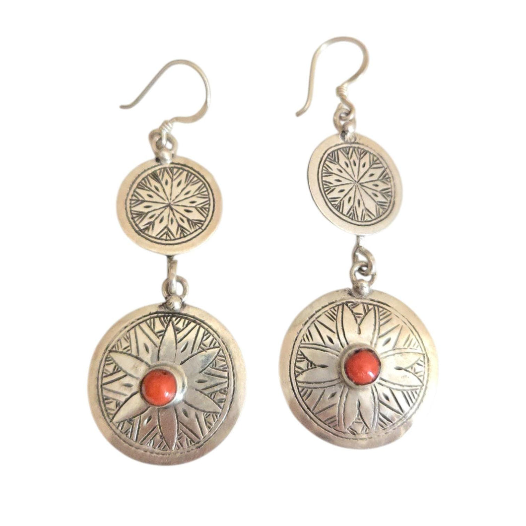 Moroccan Berber Coral Dangle Earrings: Sterling Silver Handmade Jewelry