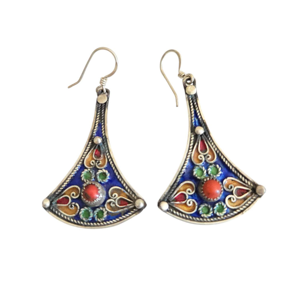 Moroccan Berber Earrings: Blue Enamel, Red Coral, Sterling Silver