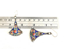 Load image into Gallery viewer, Moroccan Berber Earrings: Blue Enamel, Red Coral, Sterling Silver
