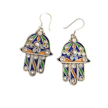 Load image into Gallery viewer, Moroccan Hamsa Enamel Earrings: Sterling Silver 925, Berber Tribal Jewelry
