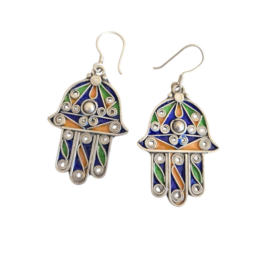 Moroccan Hamsa Enamel Earrings: Sterling Silver 925, Berber Tribal Jewelry