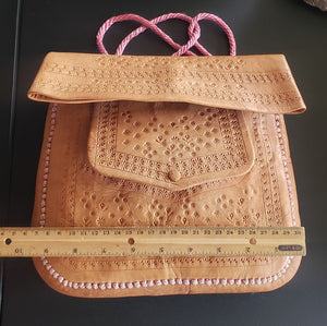 Vintage Berber natural Leather bag, Morocco, cactus silk? pink embroidery, handmade, Boho, Vintage Leather Bag travel bag,Messenger Bag