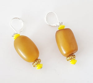 Old African Amber Ethiopian Earrings with Sterling Silver, Ethnic Tribal, Vintage Trade ,Bead Jewelry, Dangle Earrings