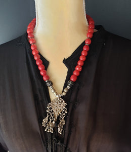 Antique Yemen silver Dangle Filigree Red Beads Necklace,trade beads, Ethiopian necklace, Ethiopian trade beads, Filigree Necklace