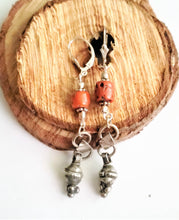 Load image into Gallery viewer, Antique yemen silver Earrings with old coral silver ,dangling Earrings,,Antique silver, yemeni jewelry, Ethiopia silver,Bawsani Earrings
