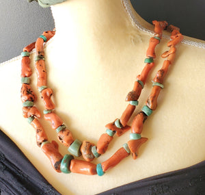 Ancient Amazonite Stone and Berber Natural Coral 2 strand African Trade