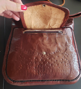 Vintage Berber leather bag, Morocco, cactus silk? brown embroidery, handmade, Boho, Vintage Leather Bag travel bag,Messenger Bag
