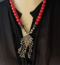 Load image into Gallery viewer, Antique Yemen silver Dangle Filigree Red Beads Necklace,trade beads, Ethiopian necklace, Ethiopian trade beads, Filigree Necklace
