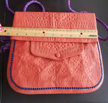 Load image into Gallery viewer, Vintage Berber leather bag, Morocco, cactus silk? orange purple embroidery, handmade, Boho, Vintage Leather Bag travel bag,Messenger Bag
