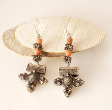 Load image into Gallery viewer, Antique Moroccan Old Berber cross Silver coral Earrings ,Ethnic Tribal,sliver Earrings,Dangle &amp; Drop Earrings,Tribal Jewelry,
