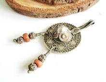 Load image into Gallery viewer, Vintage Berber enamel coral Coin Pendant high silver from Morocco ,1953s Silver Coin , enamel Jewelry ,Islam Jewelry, tribal jewelry
