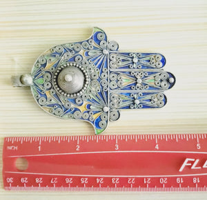 Moroccan Huge Enamel Silver Hand of Fatima Hamsa Pendant Amulet,Berber Jewelry, Enamel Jewelry,Moroccan Jewelry,Hand of Fatima Charm,