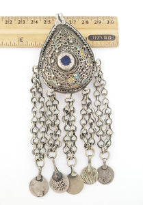 Antique Moroccan Silver enamel Berber Teardrop Pendant with dangle coins, Berber Amulet,Berber Jewelry,African Jewelry,Charm Pendant,