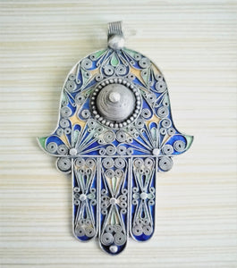 Moroccan Huge Enamel Silver Hand of Fatima Hamsa Pendant Amulet,Berber Jewelry, Enamel Jewelry,Moroccan Jewelry,Hand of Fatima Charm,