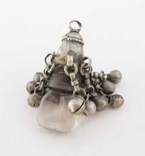 Load image into Gallery viewer, antique Rere Moroccan silver glass talisman with dangle silver beads pendant, Berber Amulet,Berber Jewelry,African Jewelry,Charm Pendant,
