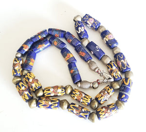 African 24'' Old European Wedding Cake Venetian Blue beads Necklace