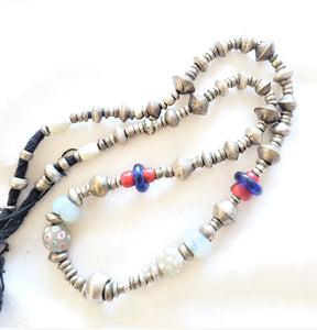 Antique Ethiopian Silver Heishi and Glass Beads necklace,Beads Hand Crafted Glass, Ethiopian Trade,Silver Beads ,Venetian Trade Necklace