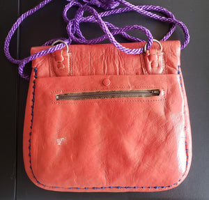 Vintage Berber leather bag, Morocco, cactus silk? orange purple embroidery, handmade, Boho, Vintage Leather Bag travel bag,Messenger Bag