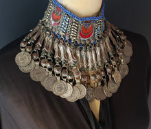 Load image into Gallery viewer, Old silver choker necklace from Pashtun tribal jewellery Ethnic Afghani kuci choker, old coins necklace, Boho tribal jewelry, gypsy style,
