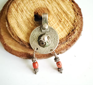 Vintage Berber enamel coral Coin Pendant high silver from Morocco ,1953s Silver Coin , enamel Jewelry ,Islam Jewelry, tribal jewelry