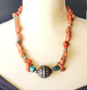 Antique Berber Orange Red Coral Amazonite Silver Pendant necklace,African Trade,Ethnic Tribal Jewelry,Berber Necklace