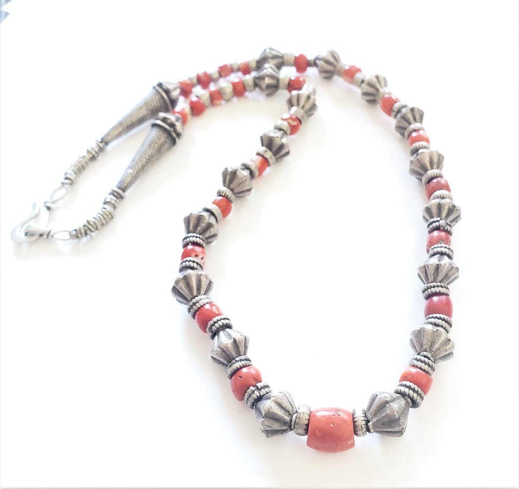 Antique Berber natural Coral Old Rajasthan India Silver Beads Necklace,Hand Crafted Silver,Pendants Necklace,Ethnic Jewelry,Tribal Jewelry