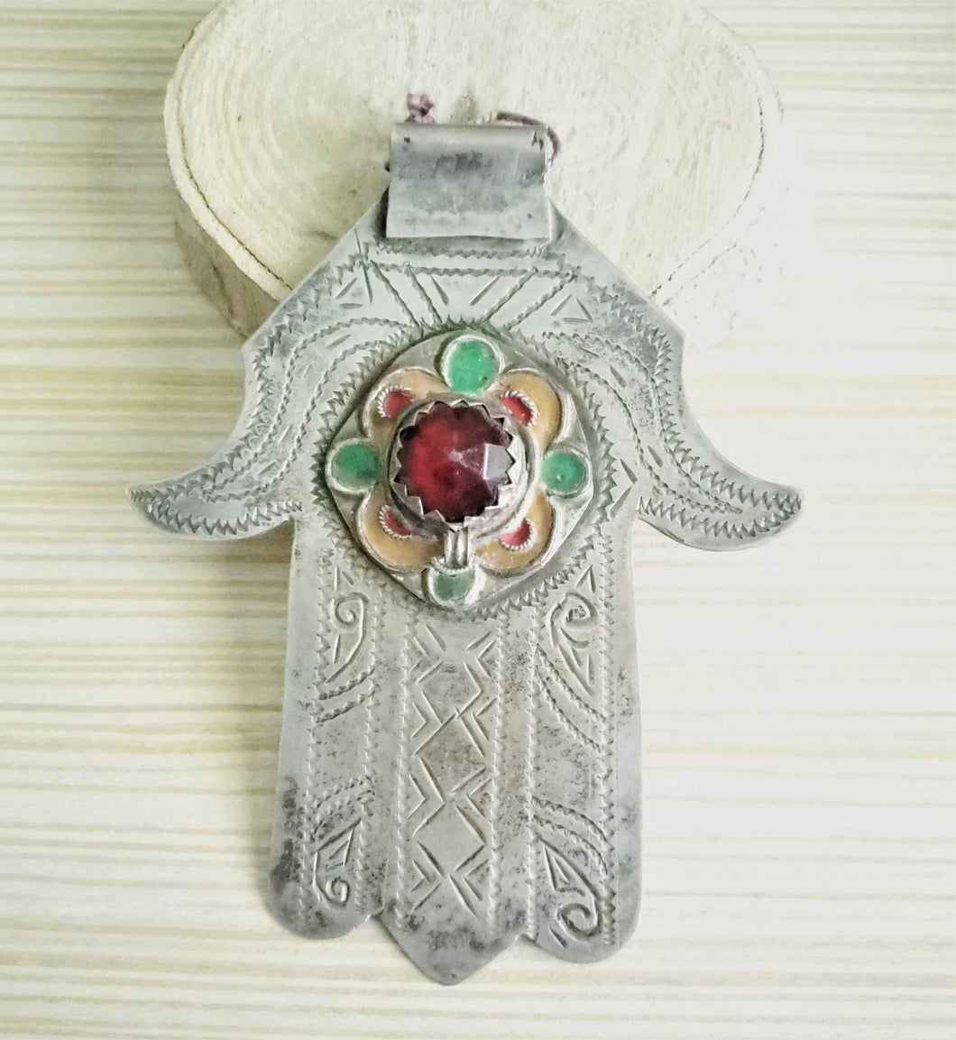 Moroccan Old Silver & Enamel Hand of Fatima Hamsa Pendant Amulet,Berber Jewelry,African Jewelry,Moroccan Jewelry,Hand of Fatima Charm,