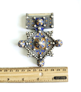 Moroccan Huge Enamel Silver Cross Pendant,silver 925,Moroccan Amulet ,Cross Jewelry,Enamel Jewelry,Berber Pendant,