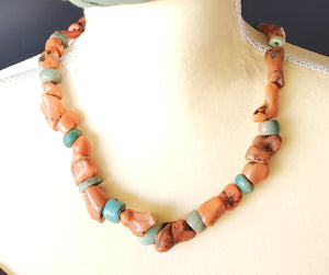 Ancient Amazonite Stone and Berber Natural Coral strand African Trade,Berber Coral,Vintage coral,Ethnic ,Genuine Amazonite,Coral jewelry
