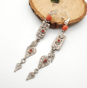 Antique Bawsani Yemen dangling Bells silver Earrings with coral Beads Earrings, yemeni jewelry,danglin Earrings,Bawsani Earrings