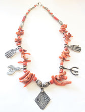 Load image into Gallery viewer, Antique Moroccan Berber natural Coral Hand of Fatima Silver Pendants Necklace
