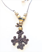 Load image into Gallery viewer, African Trade Beads Handmade Ethiopian Leather Cross Necklacelarge cross,religious cross,Ethiopian Cross,Coptic Cross,Coptic ethiopian

