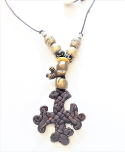 African Trade Beads Handmade Ethiopian Leather Cross Necklacelarge cross,religious cross,Ethiopian Cross,Coptic Cross,Coptic ethiopian
