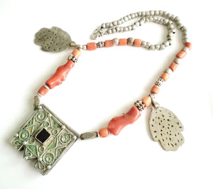 Antique Moroccan Berber natural red Coral Hand of Fatima Silver Pendants Necklace ,Berber Necklaces,Ethnic Jewelry,Tribal Jewelry