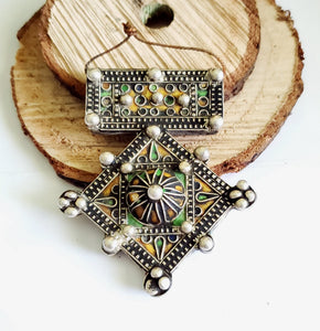 Moroccan Huge Old Enamel Silver Cross Pendant ,silver 925,Moroccan Amulet ,Cross Jewelry,Enamel Jewelry,Berber Pendant,