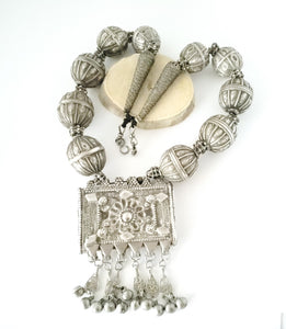 large silver Antique Bedouin filigree silver dangles pendant necklace with old Yemeni hallmarked beads ,circa 1920s ethnic tribal,