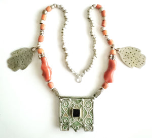 Antique Moroccan Berber natural red Coral Hand of Fatima Silver Pendants Necklace ,Berber Necklaces,Ethnic Jewelry,Tribal Jewelry