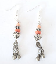 Load image into Gallery viewer, Antique yemen silver Earrings with old coral silver ,dangling Earrings,,Antique silver, yemeni jewelry, Ethiopia silver,Bawsani Earrings

