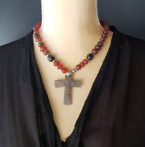 Ethiopian Antique Cornelian Black Coral beads Coptic Christian Cross Necklace ,Hand Crafted,Ethiopian Cross,Silver Cross,Cornelian Necklace