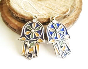 Moroccan Hand of Fatima Hamsa blue Enamel Earrings sterling silver 925,Hand of Fatima Jewelry,sliver Earrings,Dangle & Drop Earrings,