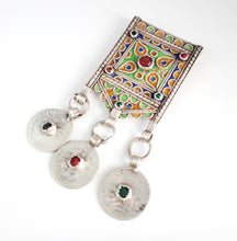 Load image into Gallery viewer, Antique Berber Silver enamel HIRZ cabochon Amulet Pendant coins ,silver 925, Moroccan Amulet ,Berber Jewelry,TIZNIT Jewelry,
